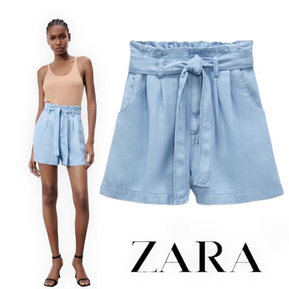 ZARA | Blue | PAPERBAG BERMUDAS WITH TIE BELT - Picture 1 of 13